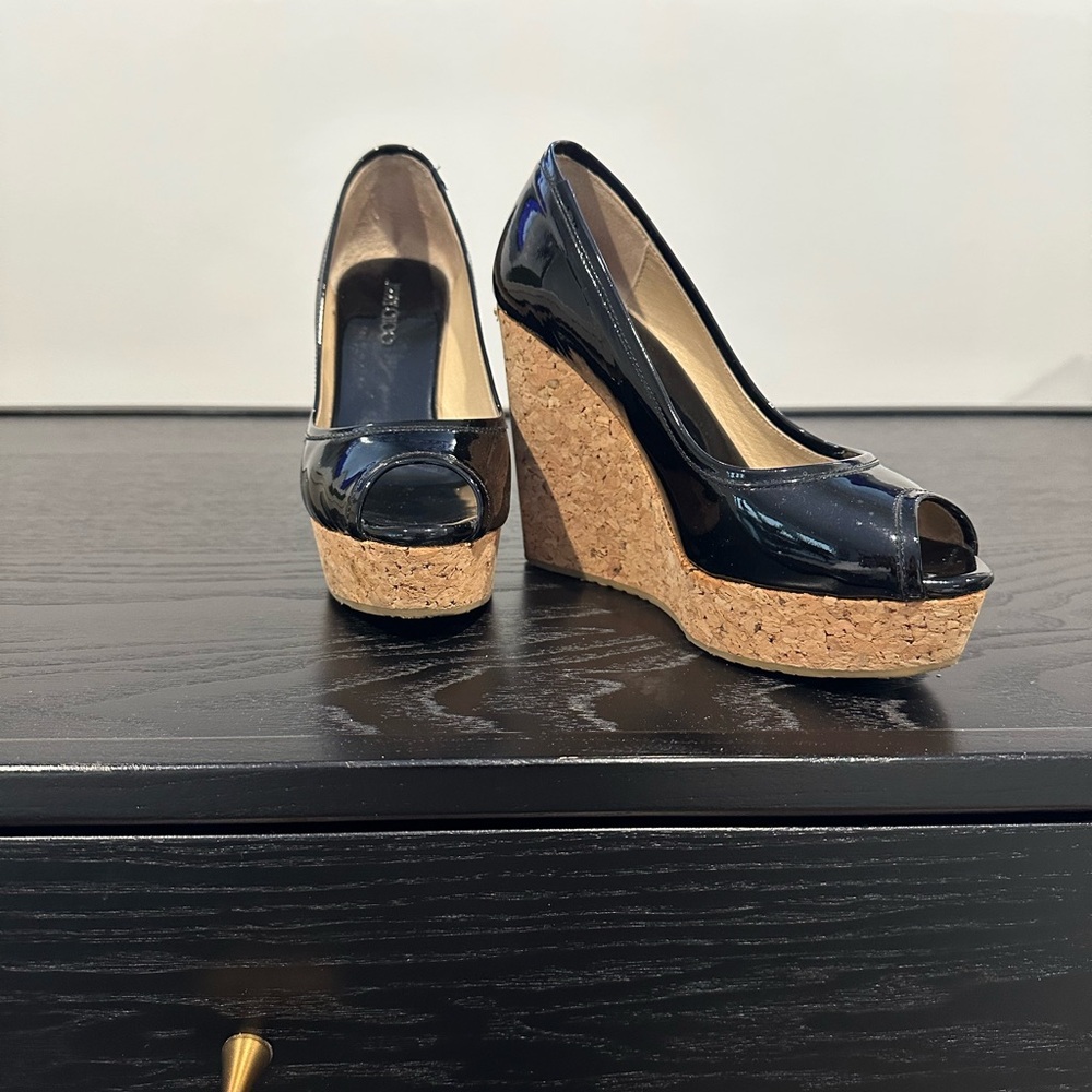 Jimmy Choo Black Wedge Shoes with Open Toe and Platform